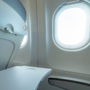 Plane window with white sunlight. Empty plastic airplane tray table at seat back. Economy class airplane window. Inside of commercial airline. Seat with armchair. Leather seat of economy class plane.